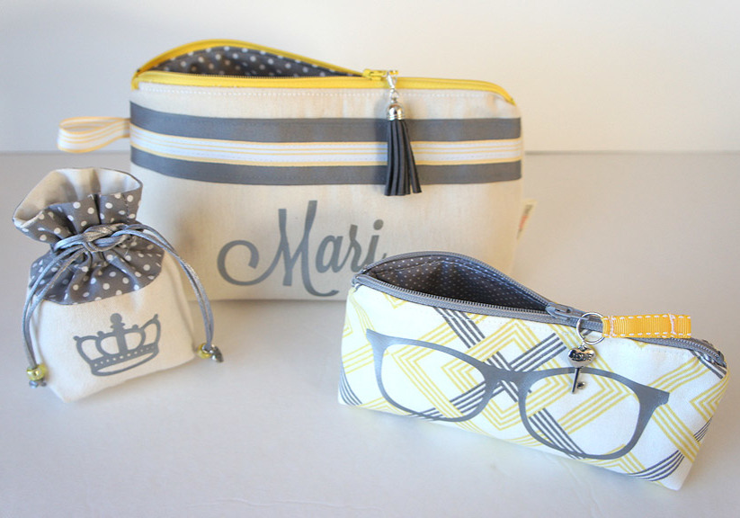 Cosmetic Bags Set of three, Grey and Yellow