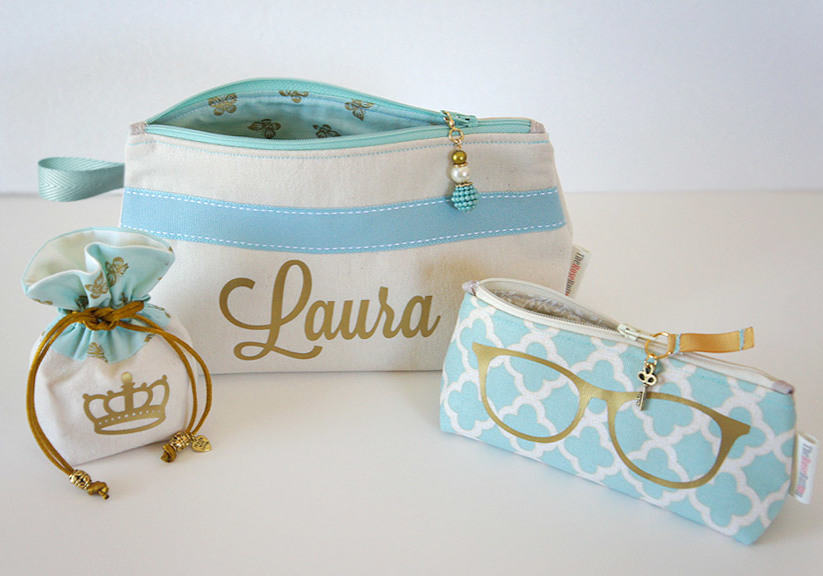 Cosmetic Bags Set of three, Mint Green and Gold