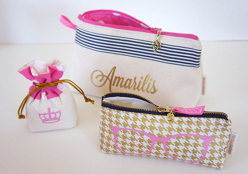 Cosmetic bags set of three, Pink, Blue and Gold